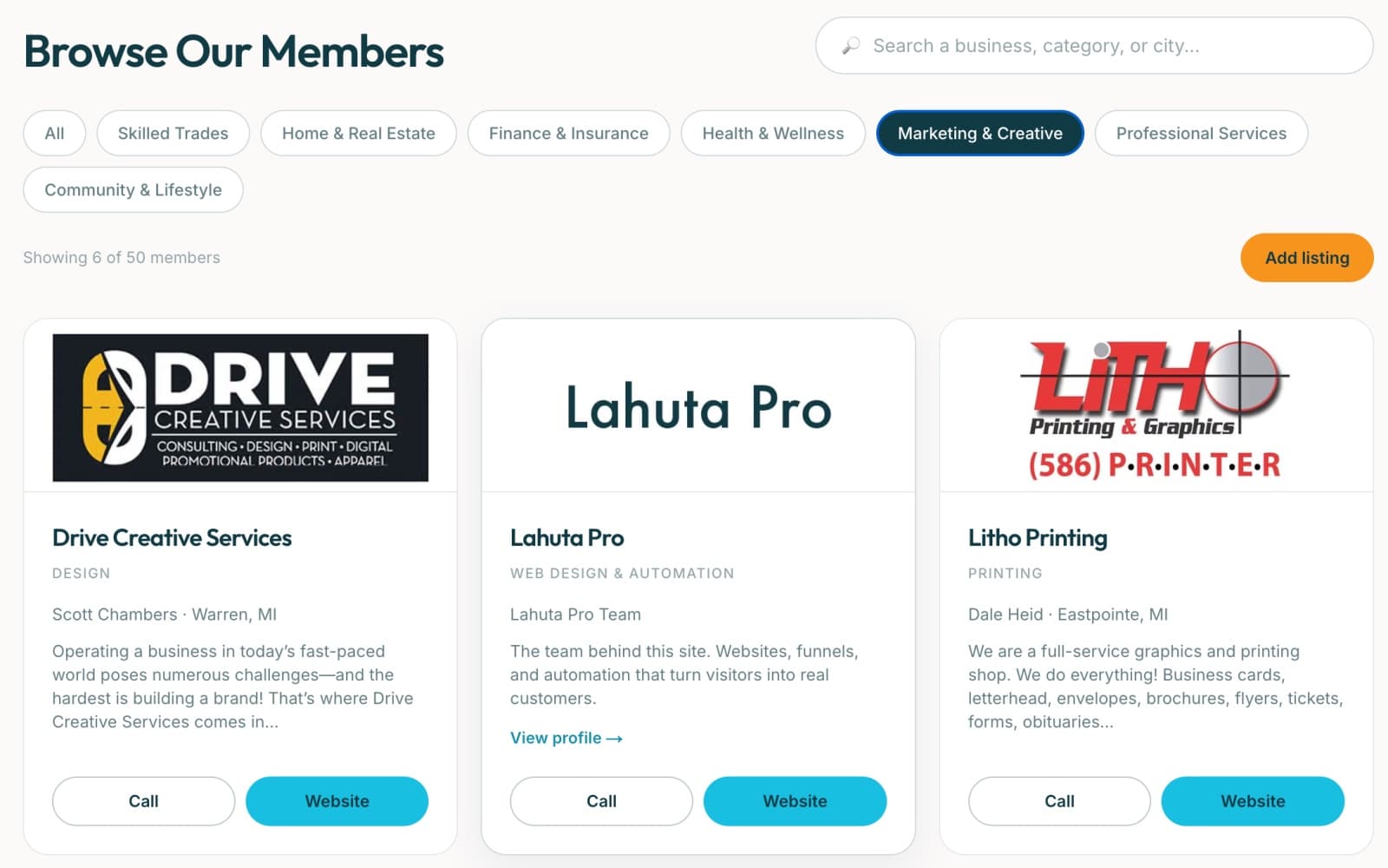 The Impact member directory, showing member businesses you can search